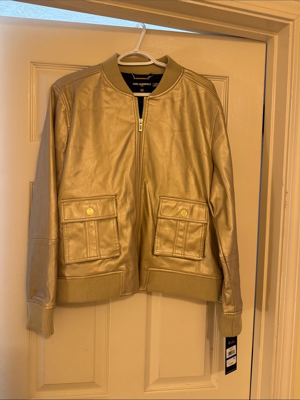 Karl Lagerfeld Metallic Gold Bomber Jacket with Pocket Flaps
